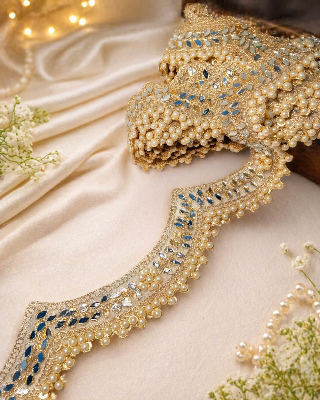 Nutts Decorative Mirror & Pearls Lace Border for Dupatta Suits & Saree Lace Trim Ribbon for Sewing Making and DIY Crafts (RM-LACE12)
