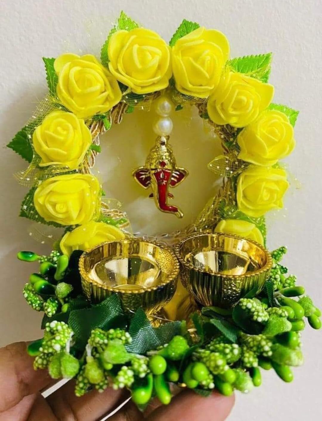 Sellplus Handcrafted Yellow Rose Ganesh Tealight Holder Decorative Floral Candle Stand for Home Temple Festival Diwali Pooja Decoration Gift(Pack of 2) (Tealight-256)