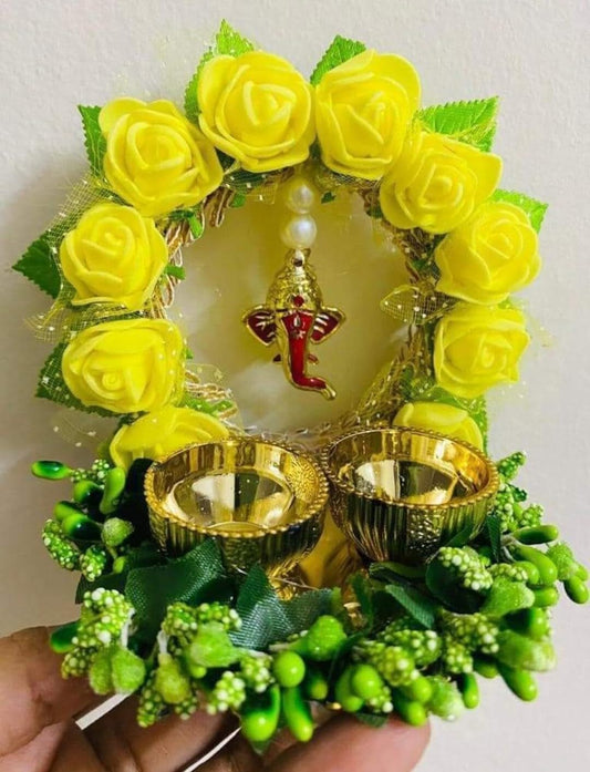 Sellplus Handcrafted Yellow Rose Ganesh Tealight Holder Decorative Floral Candle Stand for Home Temple Festival Diwali Pooja Decoration Gift(Pack of 2) (Tealight-256)
