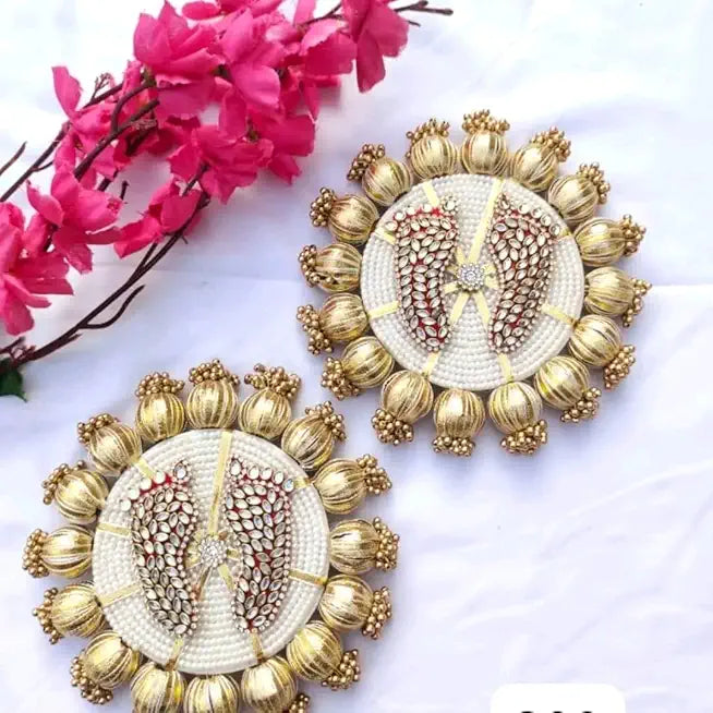 Hindu Religious Laxmi Charan Gota Ball Plate for Home, Office & Shop | Auspicious Entrance Decoration | Door & Mandir (Design 13)