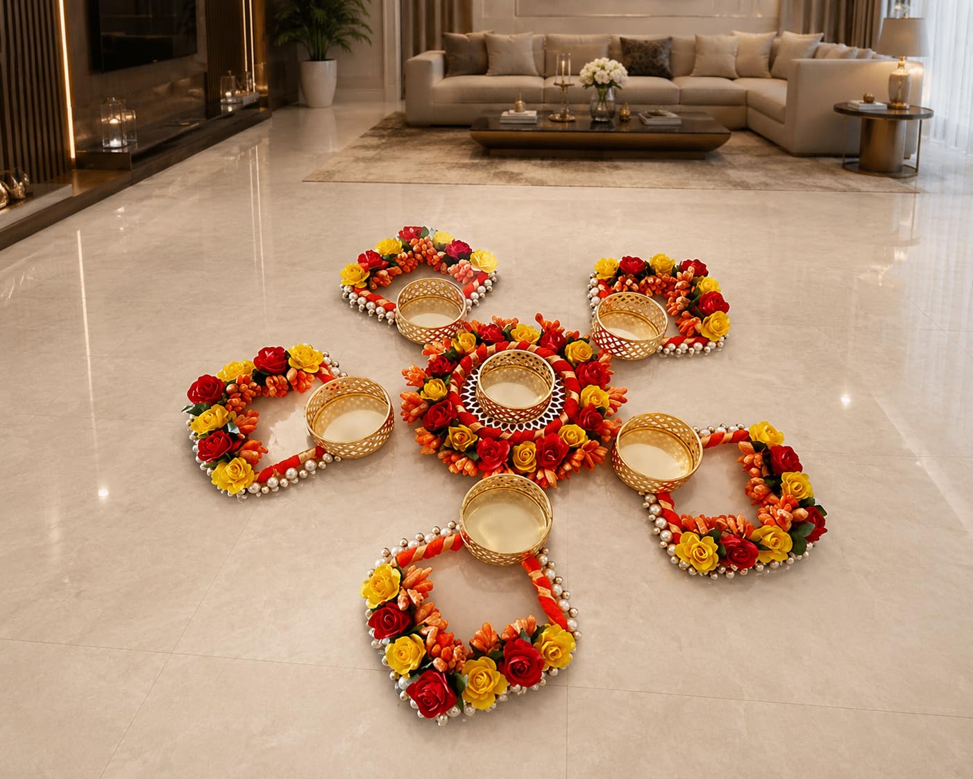 Sellplus Decorative Flowers Rangoli Set with Tealight Holder | Diwali Gift Diya | Decoration for Home | Office | Pooja | Diwali & All Special Festival Decor (Rang56)