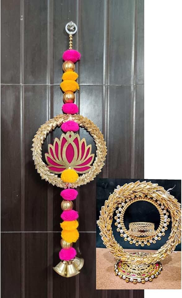 Hanging Decoration Item for Home Décor (Comboo of 2 Handmade Hanging Lotus with Big Circle 4 Bell Hanging & 2 Tea Light Holder Beautiful Design)