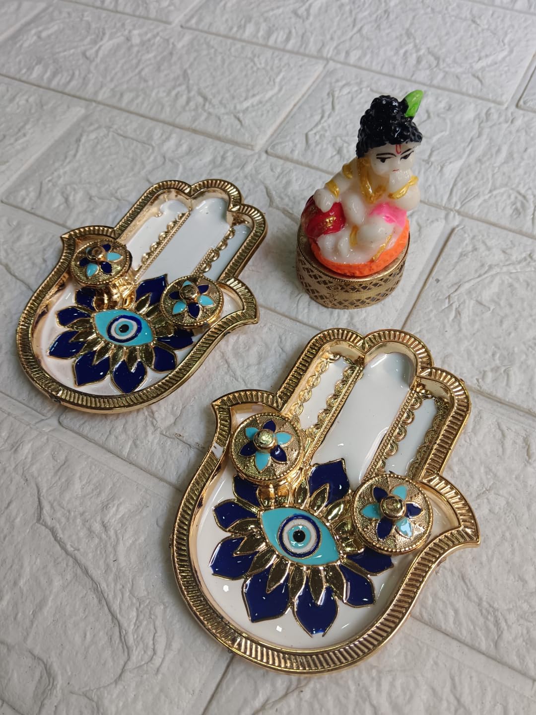 Nutts Decorative Krishna Ji Hand Shaped Evil Eye Pooja Thali Traditional Festival Puja Plate for Diwali Navratri Housewarming Temple Rituals Home Decoration (PoojaP28-3)