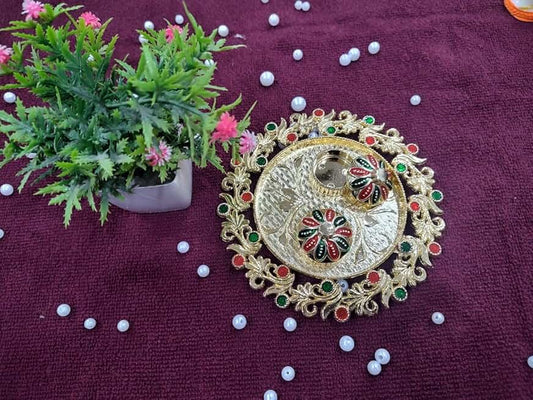 Sellplus Round Shape Flower Decorative Traditional Pooja Plater, Sindoor Dibbi for Rakhi Rakshabandhan, Tilak with Kumkum,Haldi Holder Decorative Plater (1)