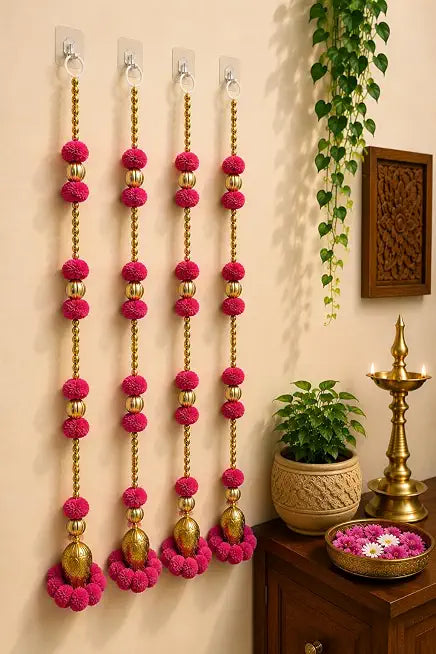 Nutts Handmade Decorative Multicolour Pom-Pom Beads Toran for Decoration | Pom-Pom Beads Bell Toran (PMPMT13-5)