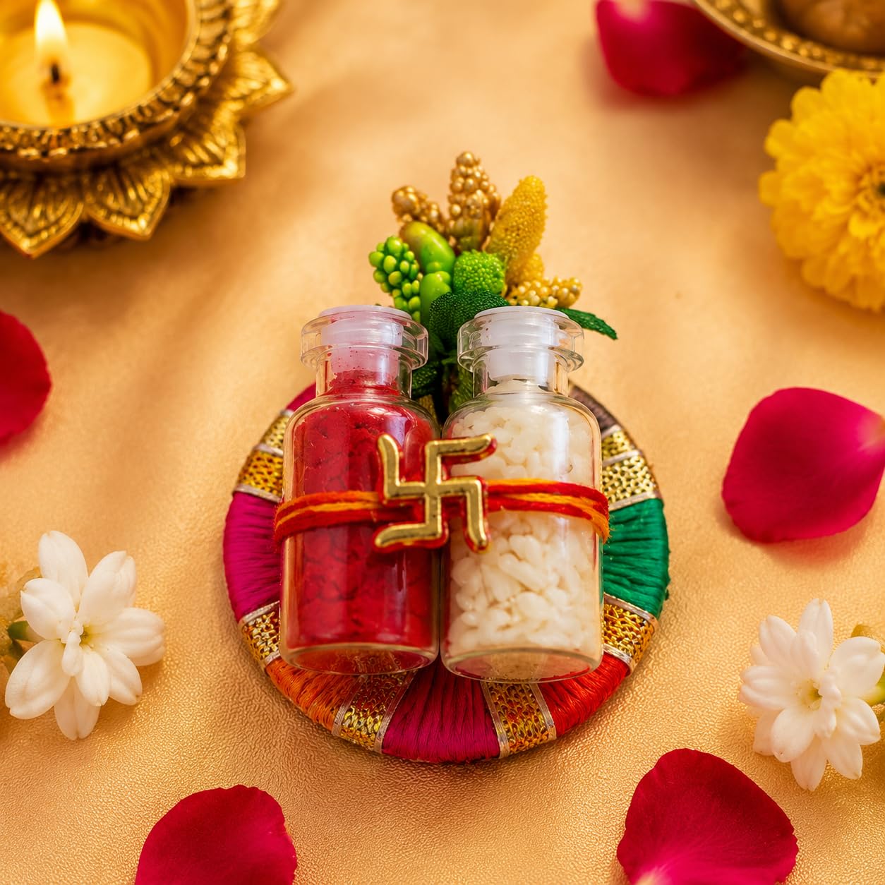 Sellplus Traditional Handmade Roli Chawal Pooja Thali Festival Tilak Ceremony Mandir Decor Wedding Diwali Navratri Decorative (RC14)