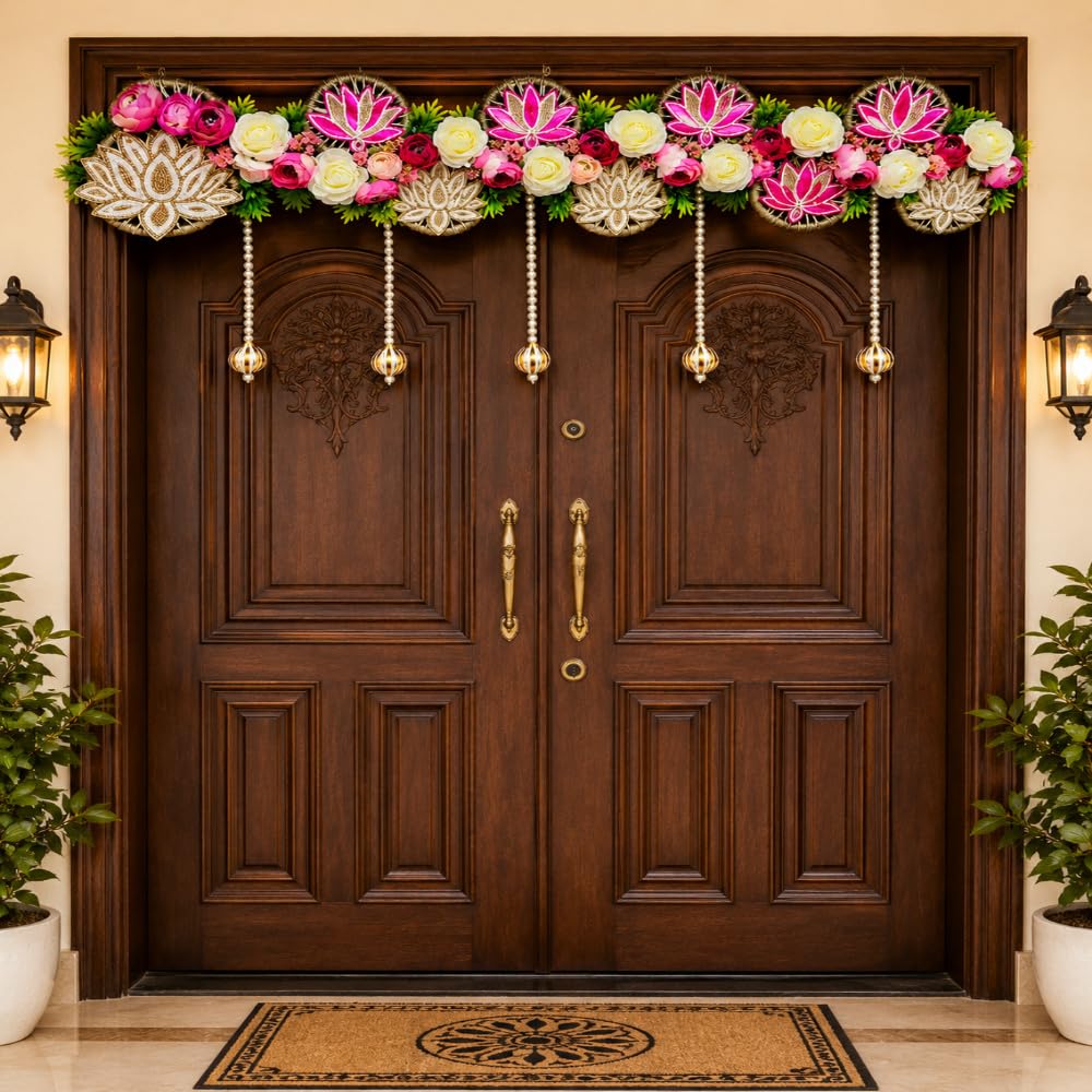 Sellplus Lotus Floral Jute Base Door Bandhanwar Hanging with Pearl Strings and Decorative Latkan for Festive Entrance Decor (BDHW530)