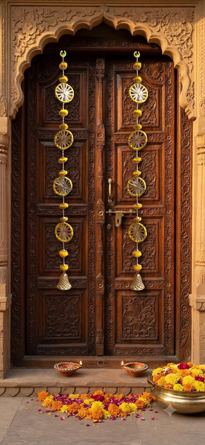 Nutts Decorative Handmade Jaal Chudi Bell Toran | Pom Pom Beads and Bell Traditional Wall Hanging for Home Pooja Festival Decoration (PMPMT162)
