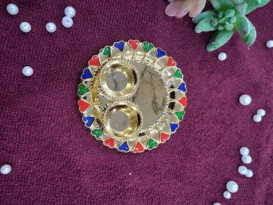 Heart Round Design Traditional Pooja Plater, Sindoor Dibbi for Rakhi Rakshabandhan, Tilak with Kumkum,Haldi Holder Uniqe Decorative Plater (1)