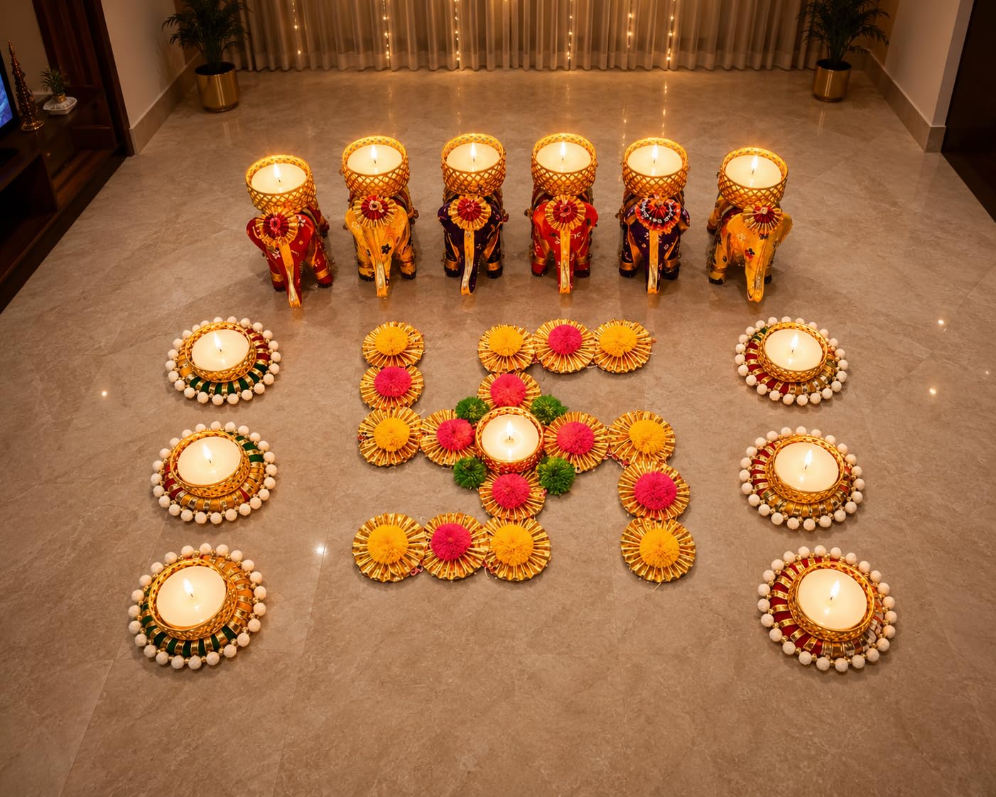 Sellplus Decorative Floral Rangoli Tealight Holder Traditional Festival Floor Decor for Diwali Pooja Home Entrance Living Room Decoration Reusable Design (Rang136)