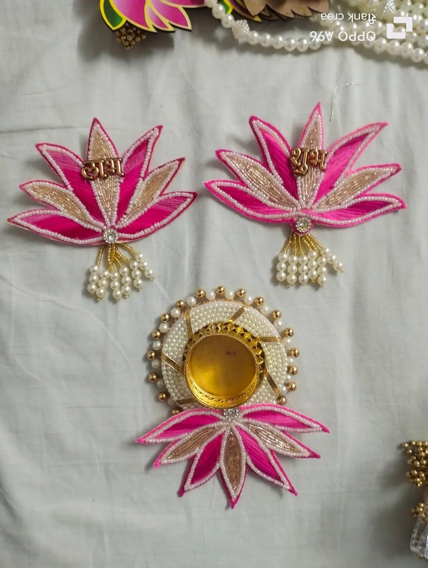 Sellplus Handcrafted Lotus Shubh Labh Door Hanging with Tealight Holder Pearl Work Decorative Wall Decor for Diwali Home Temple Festival Decoration (Tealight-180)