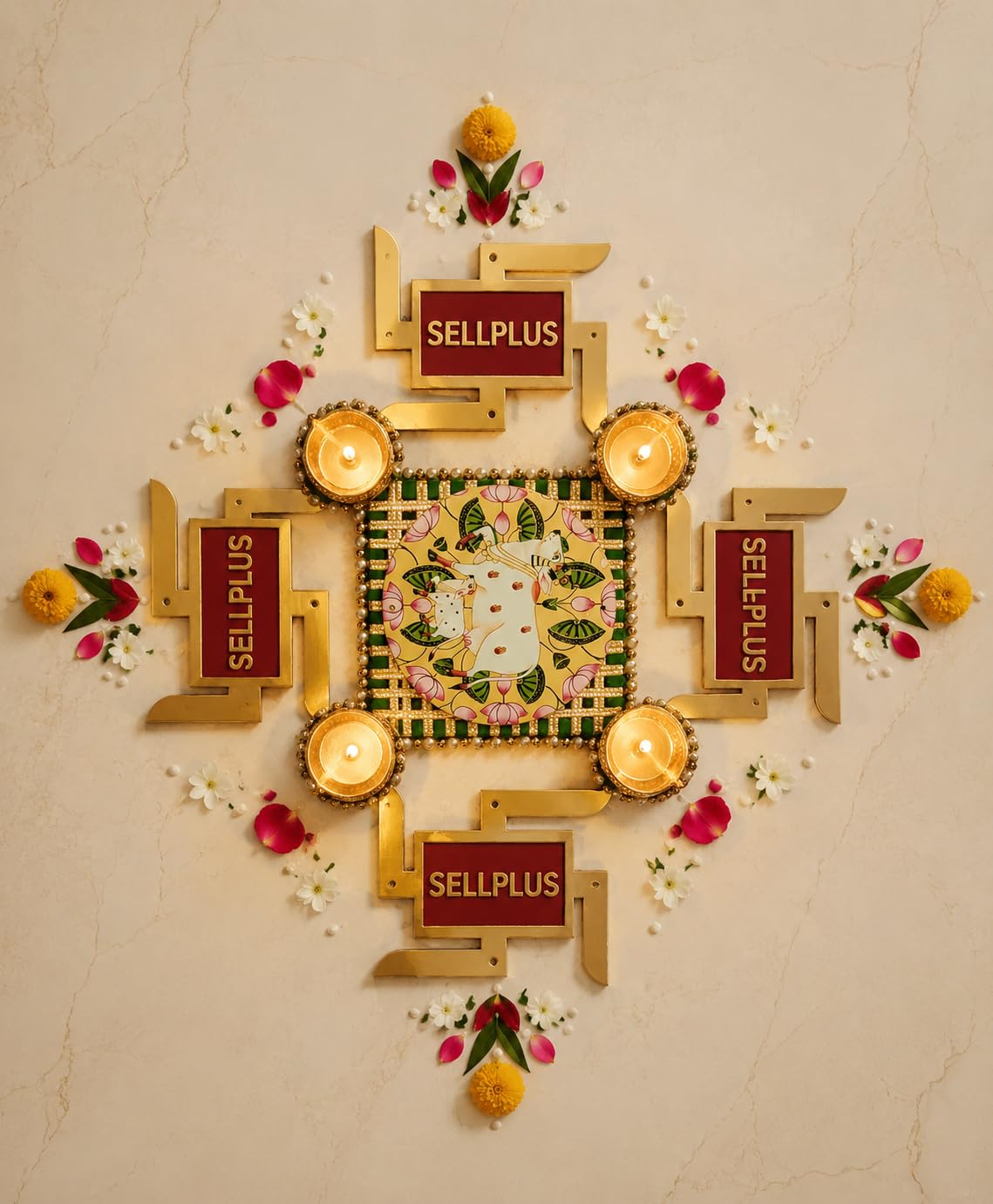 Sellplus Elegant Handmade Floral Rangoli Tealight Holder Festival Decoration MDF Floor Decor for Diwali Navratri Pooja Home Entrance Traditional Art Craft (Rang112)