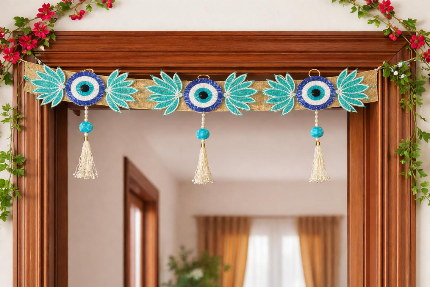 Sellplus Handcrafted Evil Eye Beaded Patch Protection Beads Latkan Decorative Bandhanwar for Main Door Home Festival Wall Hanging | Pack of 1 (BDHW405)