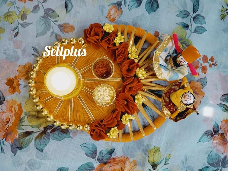 Big Circle with Tea Light Holder, & Roli Chawal Holder Ethnic Rakhi Thali Plater for Decorations (Tealight-56)