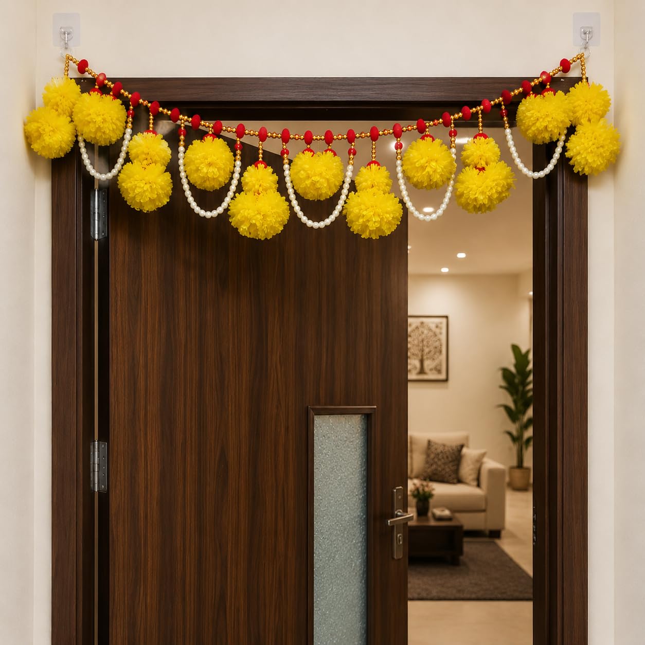 Sellplus Handcrafted Yellow Marigold Flower Pearl Beaded Decorative Bandhanwar Toran for Main Door Entrance Pooja Room and Home Temple Decoration Pack of 1 (BDHW100)