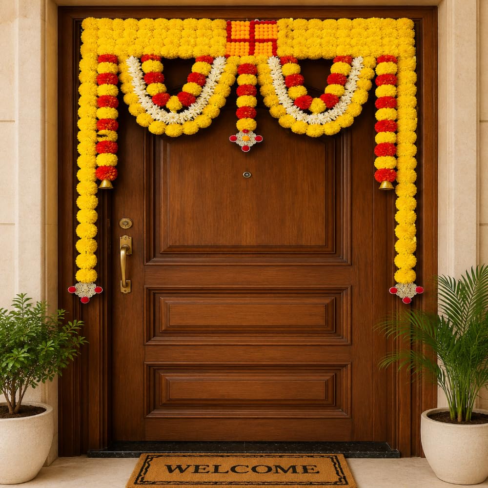 Sellplus Marigold Flower Door Toran Bandhanwar Hanging with Layered Garland Design and Traditional Bell Latkan for Festive Entrance Decor (BDHW539)
