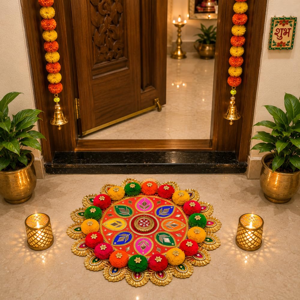 Sellplus Decorative Pearl Beaded Rangoli with Golden Border and Pink Yellow Fabric Base for Diwali Pooja Home Entrance Wedding Festival Decoration Rangoli Set (Rang171)
