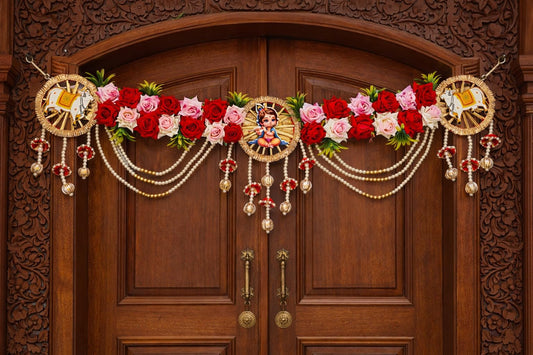 Sellplus Traditional Handmade Divine Artificial Flower Bandhanwar | Decoartive MDF Kanha Ji Pichwai Cow Beads Bandhanwar for Main Door Entrance and Welcoming Area (Pack of 1) (BDHW350)