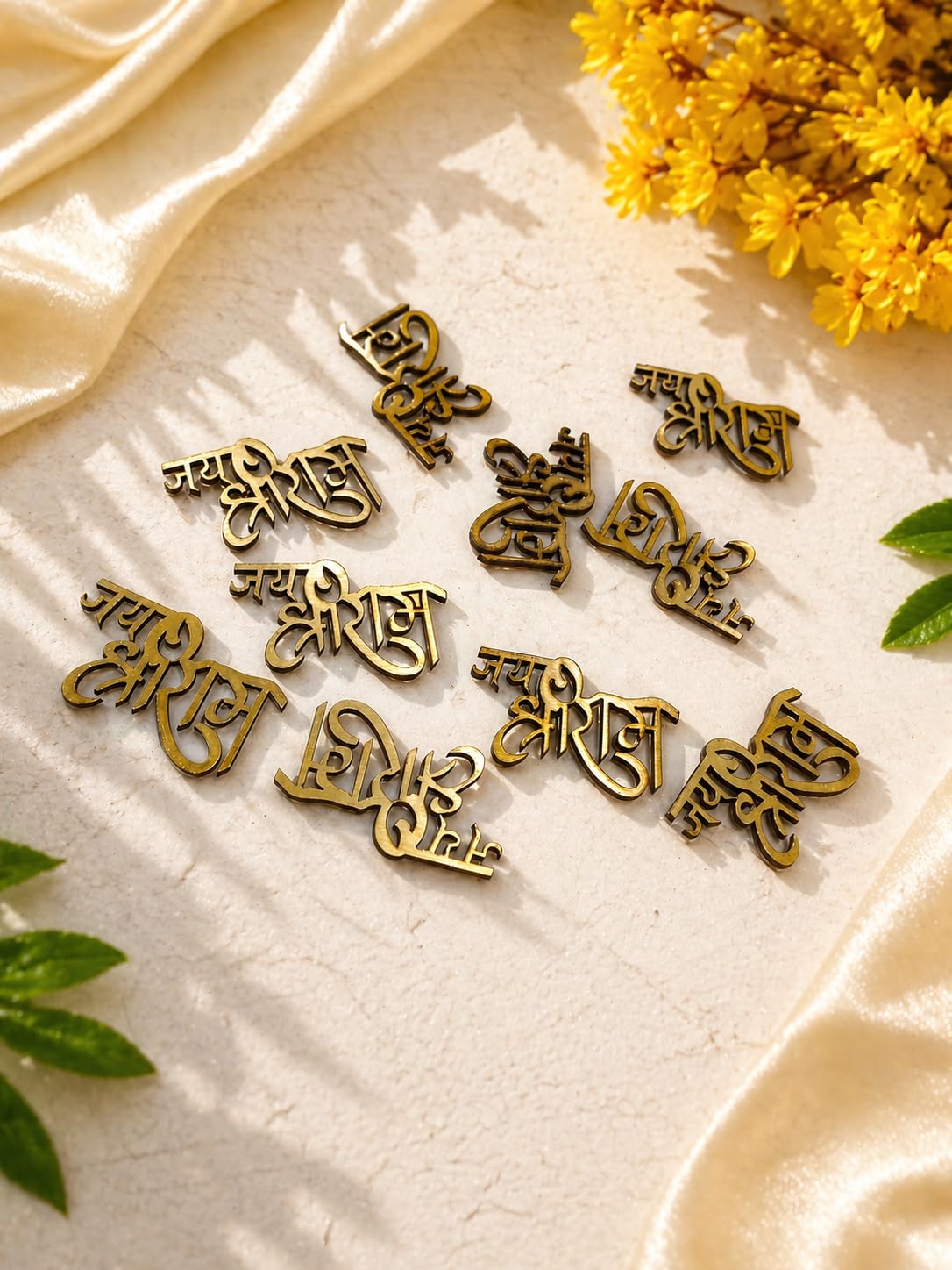 Nutts Wooden Jai Shree Ram Name Cutout Laser Cut Decorative Piece Wooden Hindi Ram Letter DIY Craft Supply Embellishment for Art & Home Temple Mandir and Festival Decor (Pack Of 10) (RM-GI67 (Big))