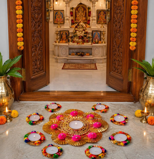 Sellplus Decorative Rangoli Tealight Holder Traditional Festival Floor Decor for Diwali Pooja Home Entrance Living Room Wedding Celebration Set of 1 (Rang124)