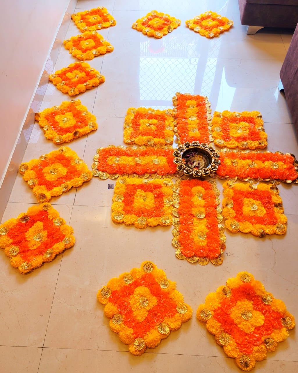 Sellplus Traditional Rangoli Tealight Set Decorative Festival Floor Decor for Diwali Navratri Pooja Wedding Home Entrance Reusable Elegant Design Set of 1 (Rang143)