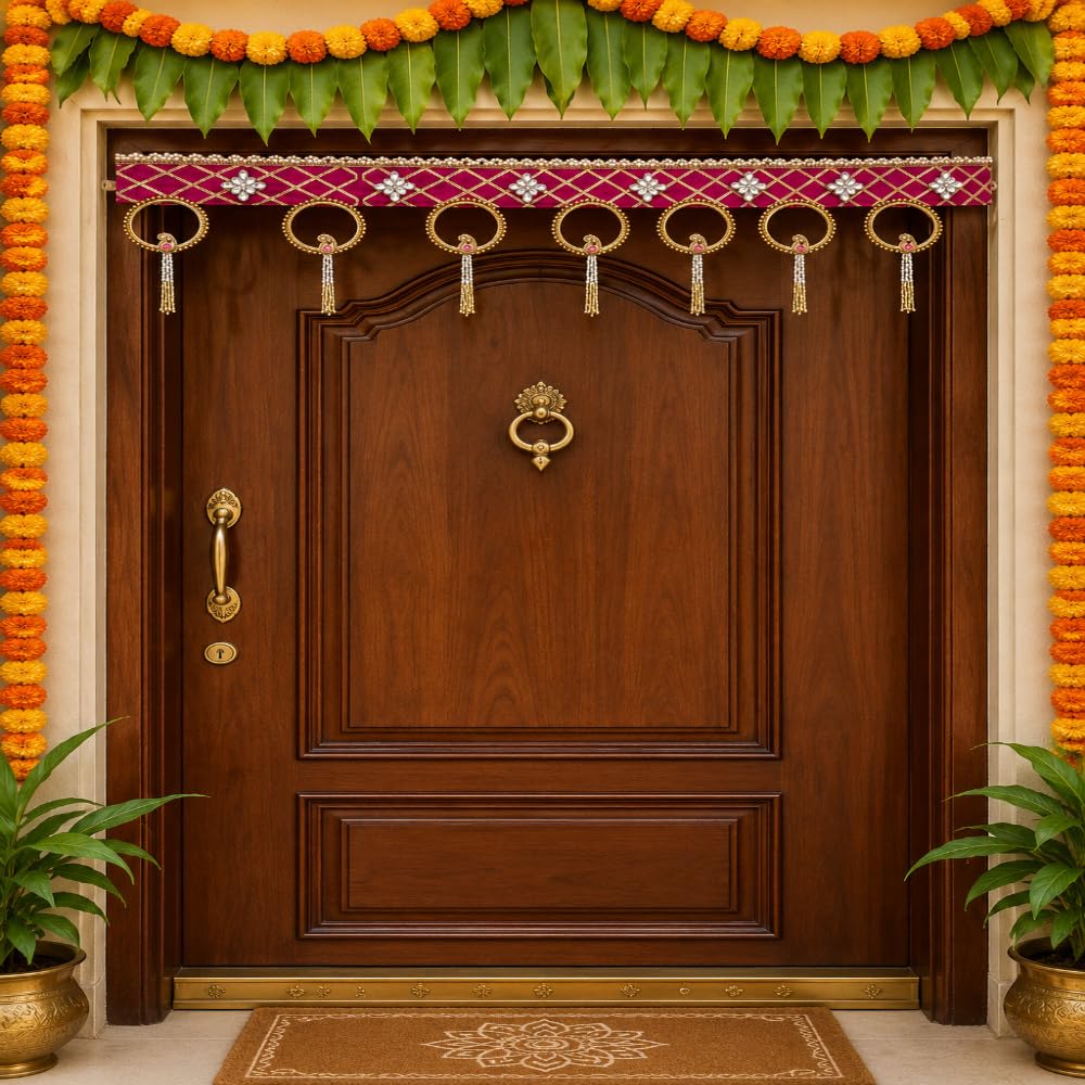 Sellplus Royal Pink Velvet Door Bandhanwar Hanging with Golden Ring Motif Stone Work and Pearl Latkan for Festive Entrance Decor (BDHW542)