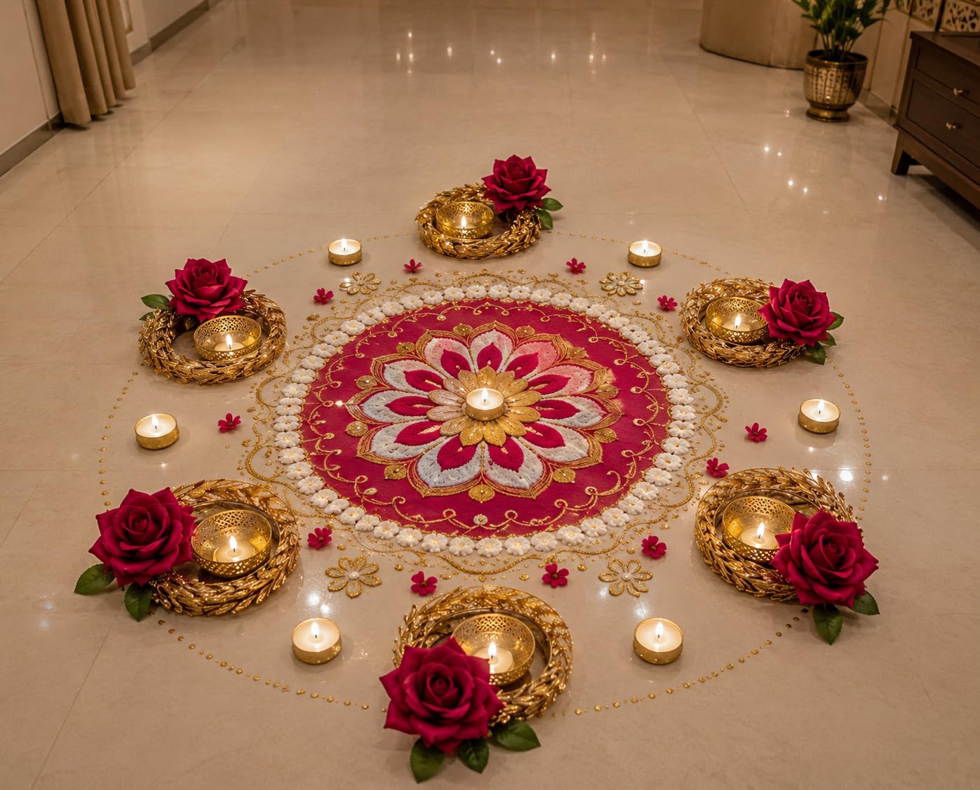 Sellplus Elegant Handmade Floral Rangoli Tealight Holder Festival Decoration MDF Floor Decor for Diwali Navratri Pooja Home Entrance Traditional Art Craft (Rang115)
