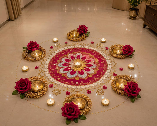 Sellplus Elegant Handmade Floral Rangoli Tealight Holder Festival Decoration MDF Floor Decor for Diwali Navratri Pooja Home Entrance Traditional Art Craft (Rang115)