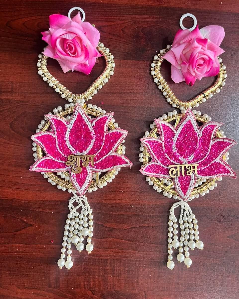 Nutts Decorative Shubh Labh Lotus Patch Velvet Rose Latkan Hanging | Perfect For Home & Office |  Wall Hanging for Main Door | Enhance Your Space with Graceful Touches (SMALL228) (Set Of 1)