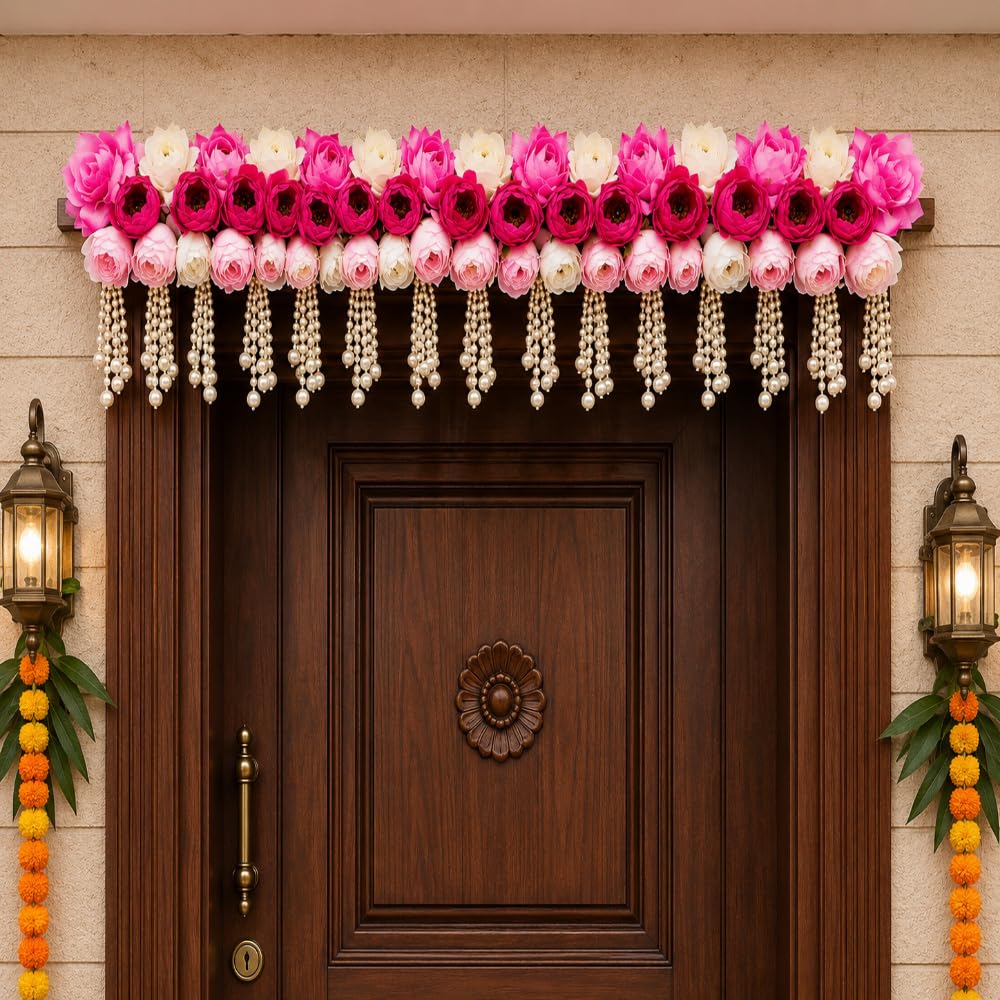 Sellplus Traditional Handcrafted Rose Pearl Floral Designer Door Bandhanwar Toran for Diwali Decoration and Festive Home Entrance Decor (BDHW306)