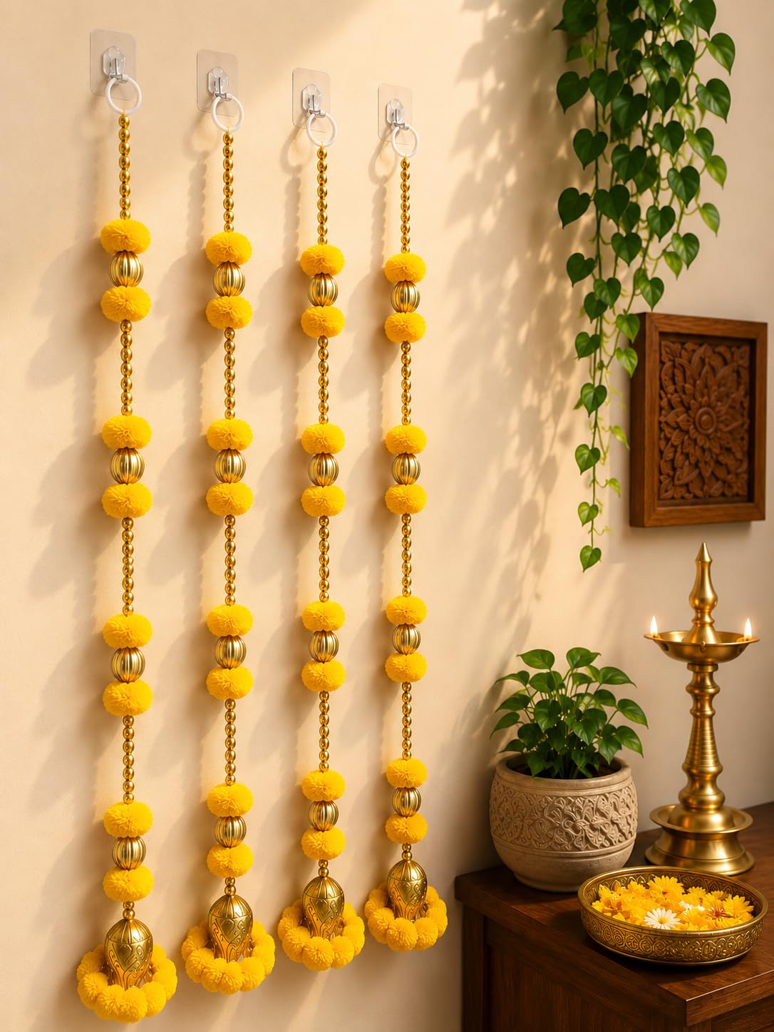 Nutts Handmade Decorative Multicolour Pom-Pom Beads Toran for Decoration | Pom-Pom Beads Bell Toran (PMPMT13-3)