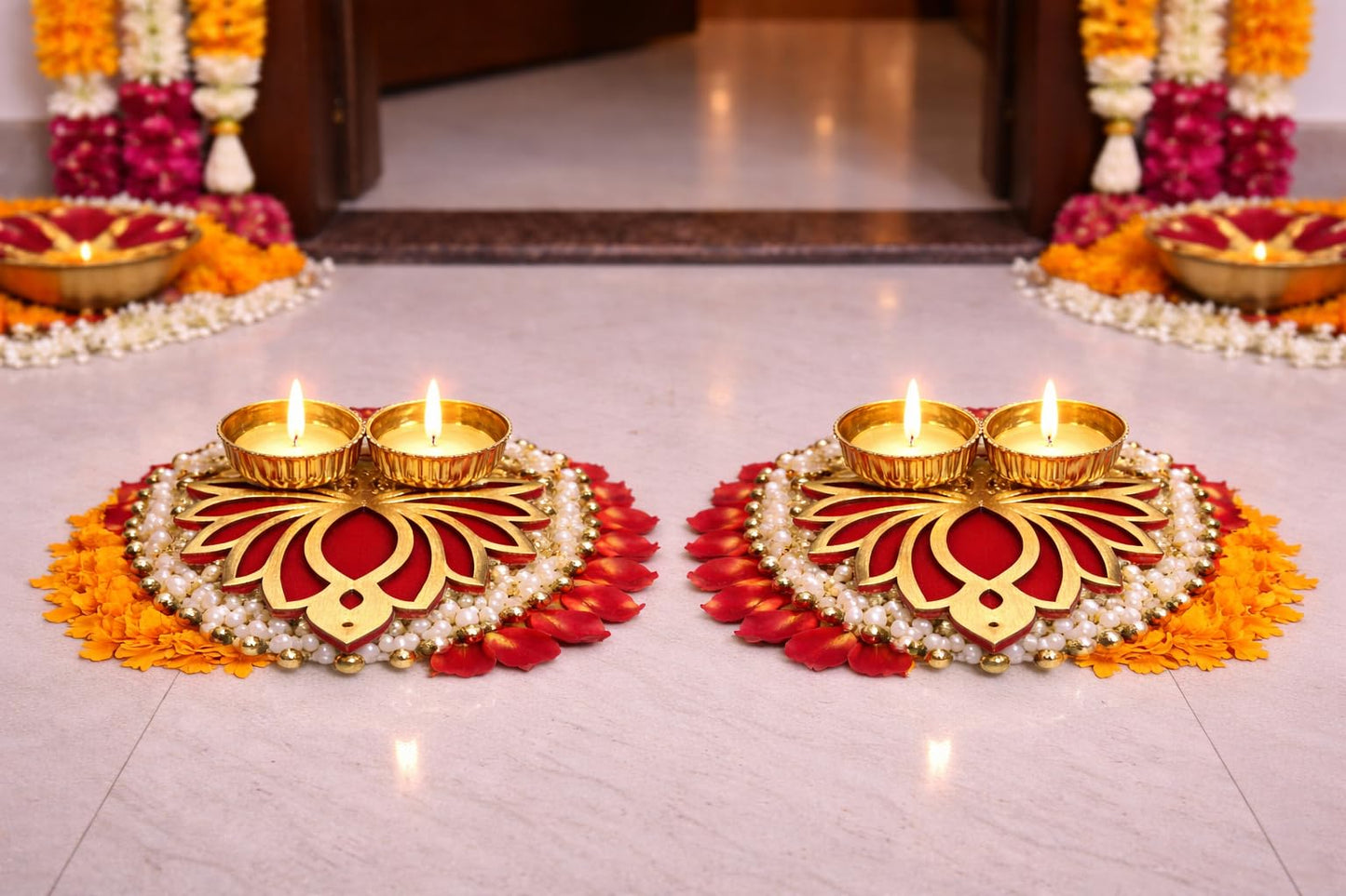 Sellplus Handcrafted Pearl Lace Tealight Candle Holder Decorative Diya Rangoli for Diwali Festival Pooja Home Entrance Floor Decoration(Pack of 4) (Tealight-49)