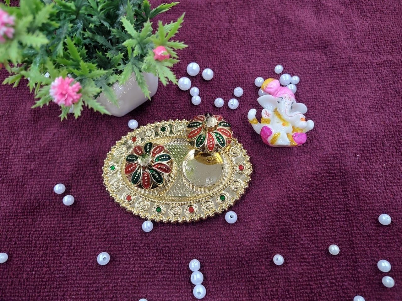 Nutts Decorative Pooja Thali Haldi Kumkum Chandhan Holder Plate Gifts With Small Lord Set for Home & Office Decoration & Gifting (Ganesh Ji Oval) (PoojaP40-2)
