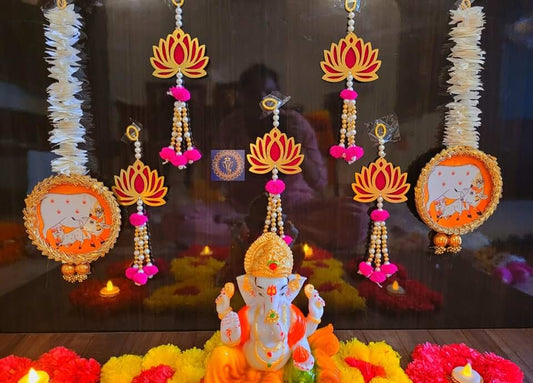 Handmade Item Backdrop Satup Combo Set of (5 Cardboard Lotus String & 2 Cow Paper Gajra String) for Ganesh Chaturthi, Puja Ghar, Diwali and All Festival Decoration