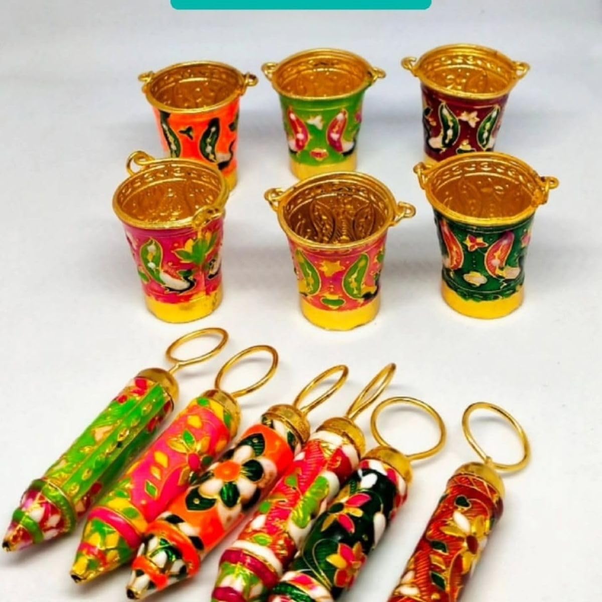 Sellplus Handmade Decorative Mini Bucket Holi Plater for Festival Decoration | Traditional Pooja Ritual and Home Temple Decoration Pack of 6 (HOLIP-55)