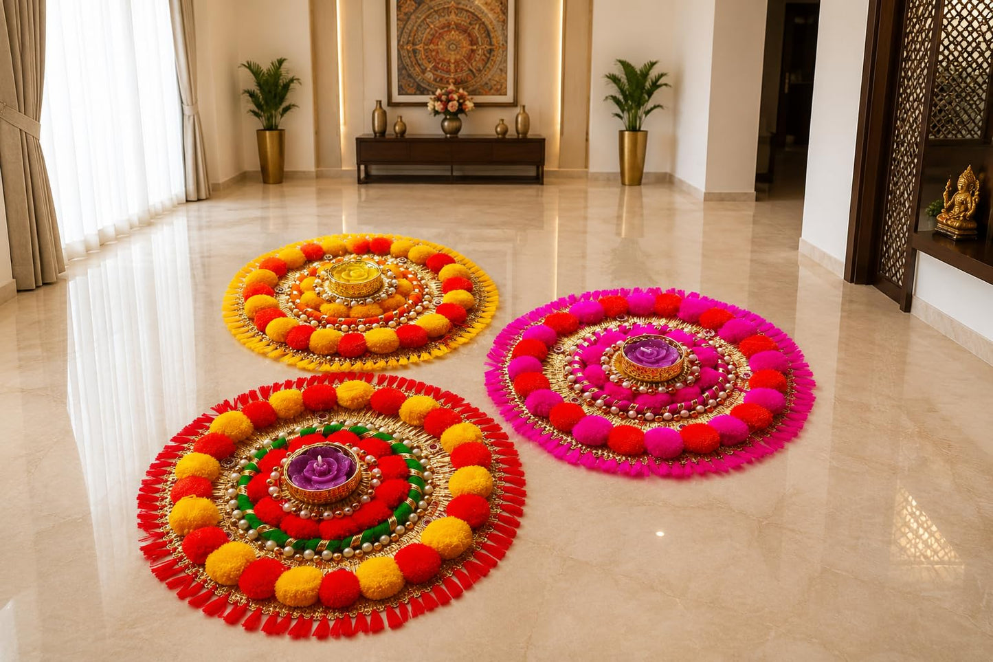 Sellplus Traditional Rangoli Tealight Set Decorative Festival Floor Decor for Diwali Navratri Pooja Wedding Home Entrance Reusable Elegant Design Set of 1 (Rang154)