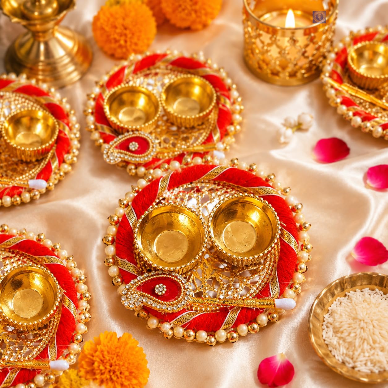 Sellplus Traditional Roli Chawal Pooja Tilak Set Festival Ritual Essentials Auspicious Prayer Ceremony Temple Home Decor(Pack of 4)(RC26)
