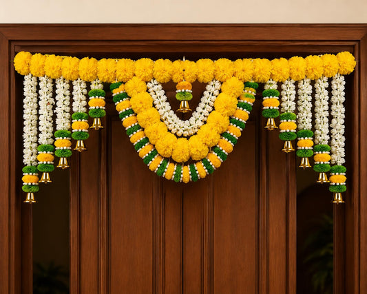 SellplusHandcrafted Artificial Multicolour Genda Flower and Green Leaf Bandhanwar Decorative Door Hanging Toran for Main Entrance | Pack of 1 (BDHW176-3)