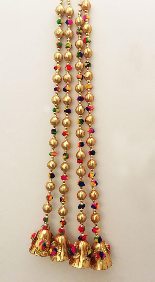 Nutts Golden Bell Hanging with Decorative Golden Beads and Multicolor Pom Poms for Main Door Pooja Room Festival Home Decoration (PMPMT83)