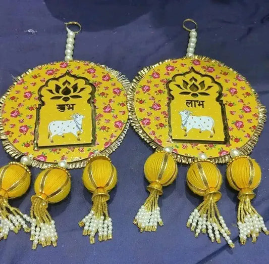 Handmade Shubh Labh Door Hanging | Toran for Main Door | Traditional Bandhanwar for Home Door| Diwali Decor Hangings & All Festivals (Pack of 2) (Yellow)