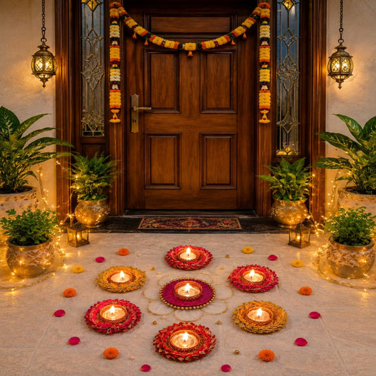 NUTTS  Handmade Floral Tea Light Candle Holder Set with Decorative Rangoli Design Multicolor Fabric Petal Diya Stand for Diwali Pooja Home Decoration Festival Table Decor (Rang165)