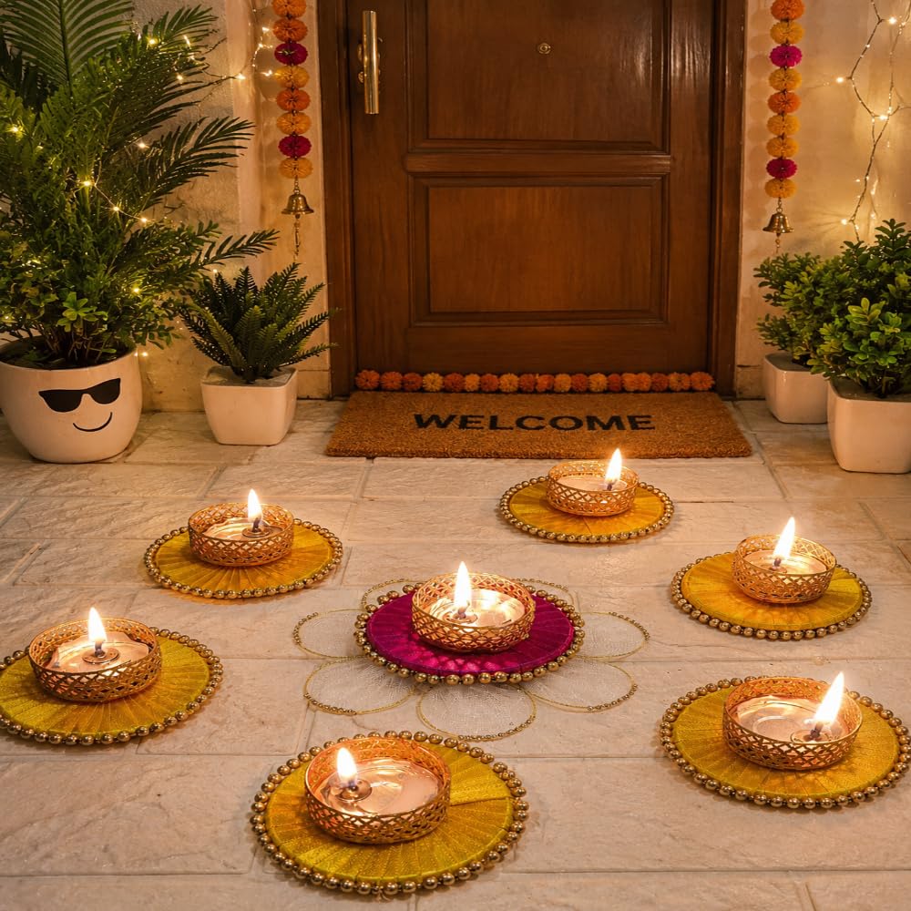 Sellplus Handmade Golden Tea Light Candle Holder Set with Decorative Floral Rangoli Design Metal Diya Cups Beaded Border for Diwali Pooja Home Decoration Festival Table Decor (Rang168-1)