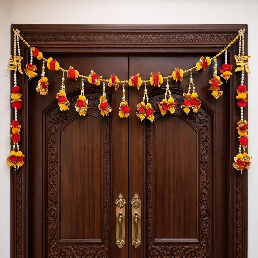 Sellplus Handmade Red Yellow Pom Pom Pearl Beads Bandhanwar with Swastik Symbols Decorative Main Door Toran for Festival Home Decoration Pack of 1 (BDHW116)