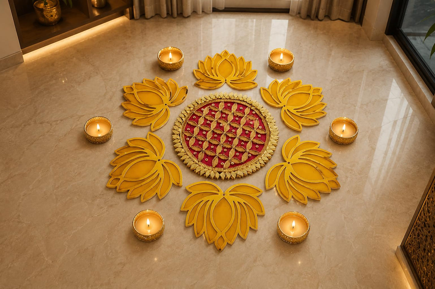 Sellplus Decorative Rangoli Set with Tealight Holder | Diwali Gift Diya | Decoration for Home | Office | Pooja | Diwali & All Special Festival Decor (Design 17)(Rang48)