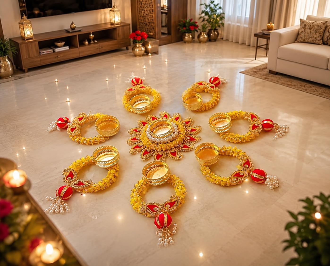 Sellplus Decorative Rangoli Tealight Holder Traditional Festival Floor Decor for Diwali Pooja Home Entrance Living Room Wedding Celebration Set of 1 (Rang129)