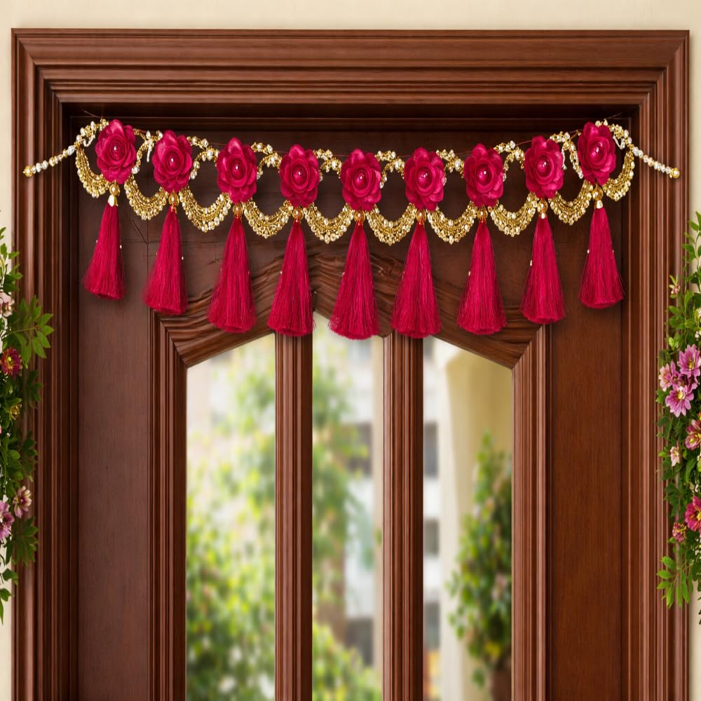 Sellplus Handmade Artificial Red Rose Flower Bandhanwar with Golden Beads Decorative Tassels Luxury Main Door Toran for Festival Home Decoration Pack of 1 (BDHW94)