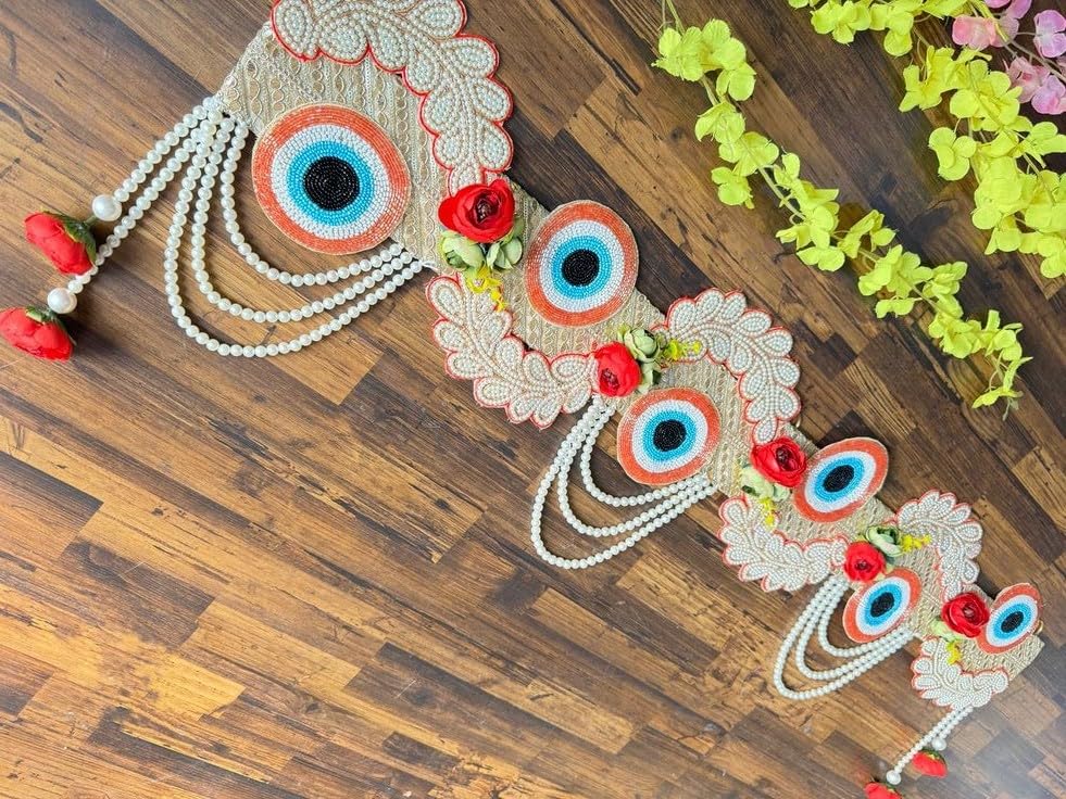 Sellplus Handcrafted Evil Eye Beaded Patch Protection Beads Latkan Decorative Bandhanwar for Main Door Home Festival Wall Hanging | Pack of 1 (BDHW408)