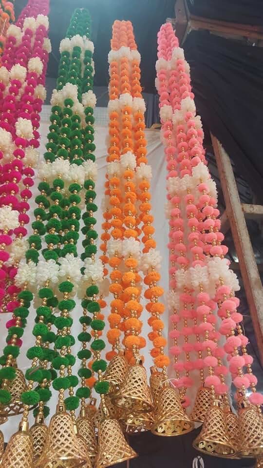 Pom-Pom Gajra Bell Wall Hanging | Toran Decoration for Home | Diwali Decor | Navratri Decor | Wedding Decoration (Pack of 6)