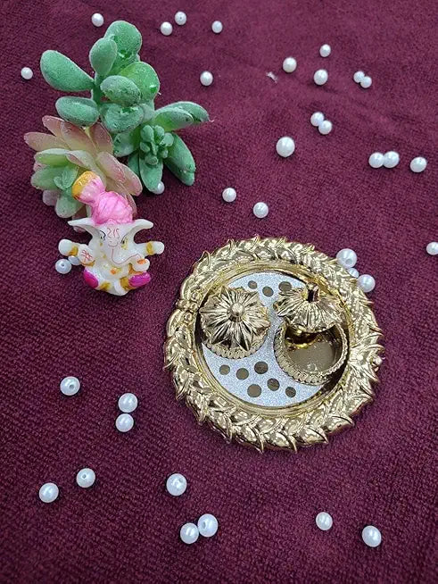Pooja Thali, Diwali Decoration Sindoor Dibbi for Rakhi Rakshabandhan, Tilak with Kumkum,Haldi Holder Uniqe Decorative Plater (Combo of 1 Doted Tilak Plater & Ganesh Ji)