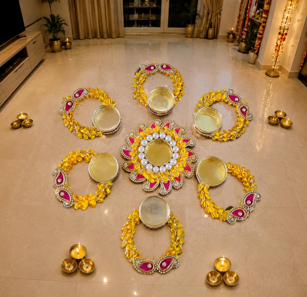 Sellplus Decorative Rangoli Tealight Holder Traditional Festival Floor Decor for Diwali Pooja Home Entrance Living Room Wedding Celebration Set of 1 (Rang127)